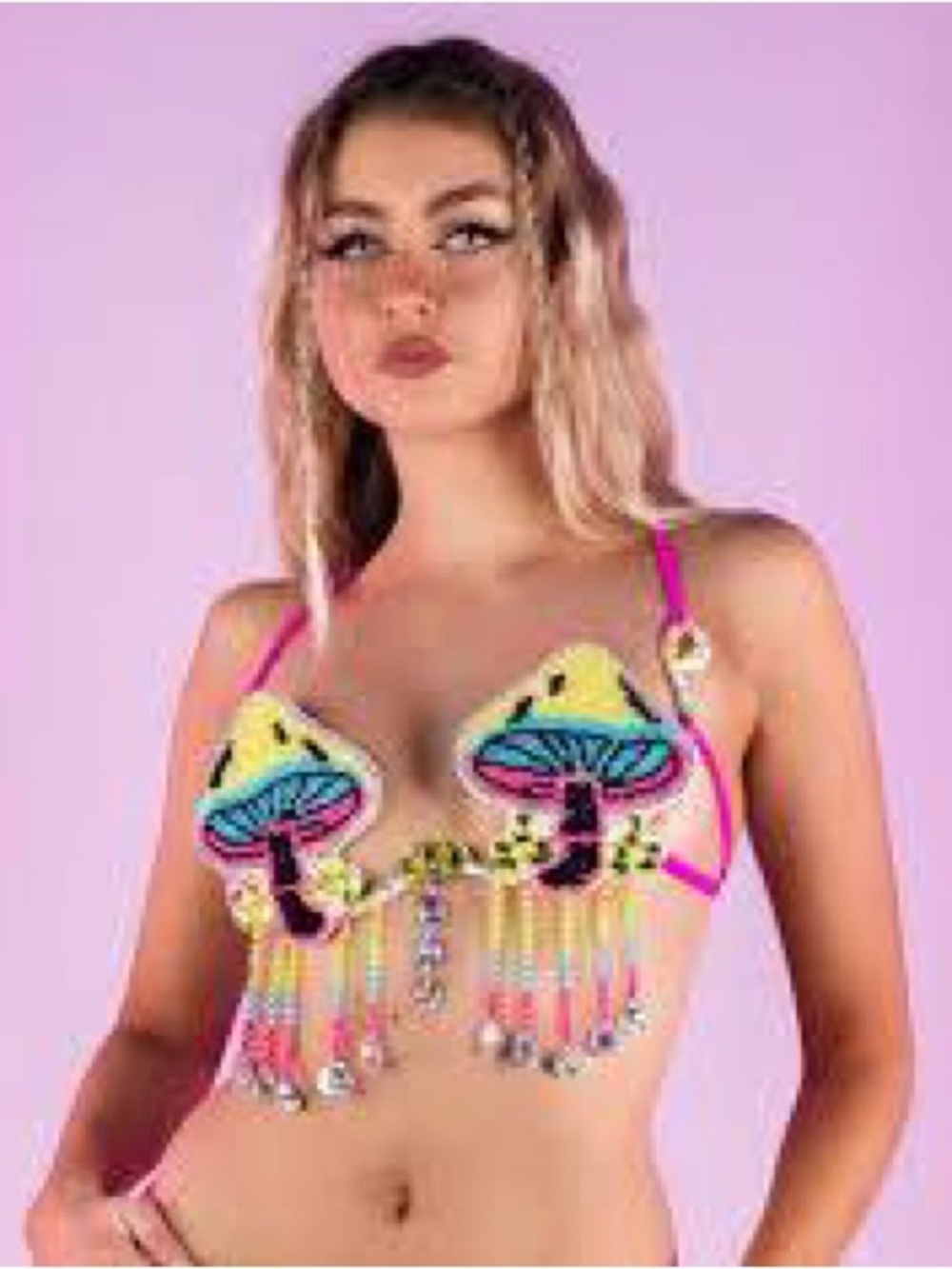 Pink Mushroom Beaded Fringe Festival Bikini Top